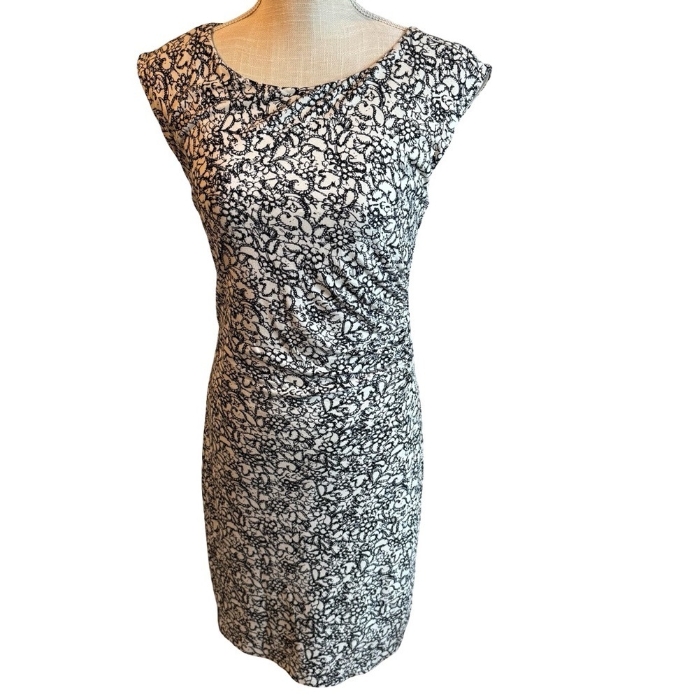 Loft Black and Cream Patterned Pencil Dress